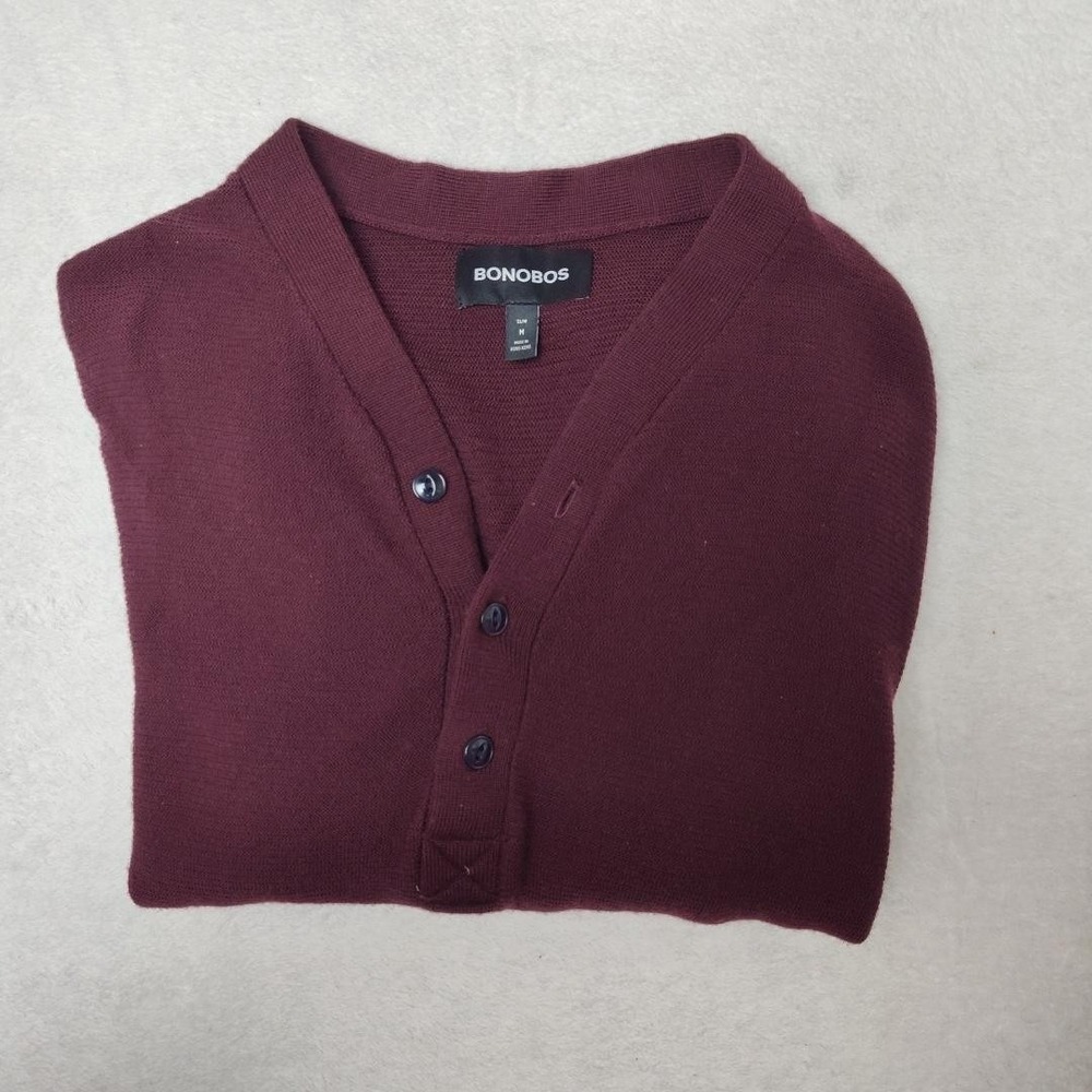 Bonobos Sweater Mens M Red V-Neck Henley‎ Pullover 100% Merino Wool Tight-Knit